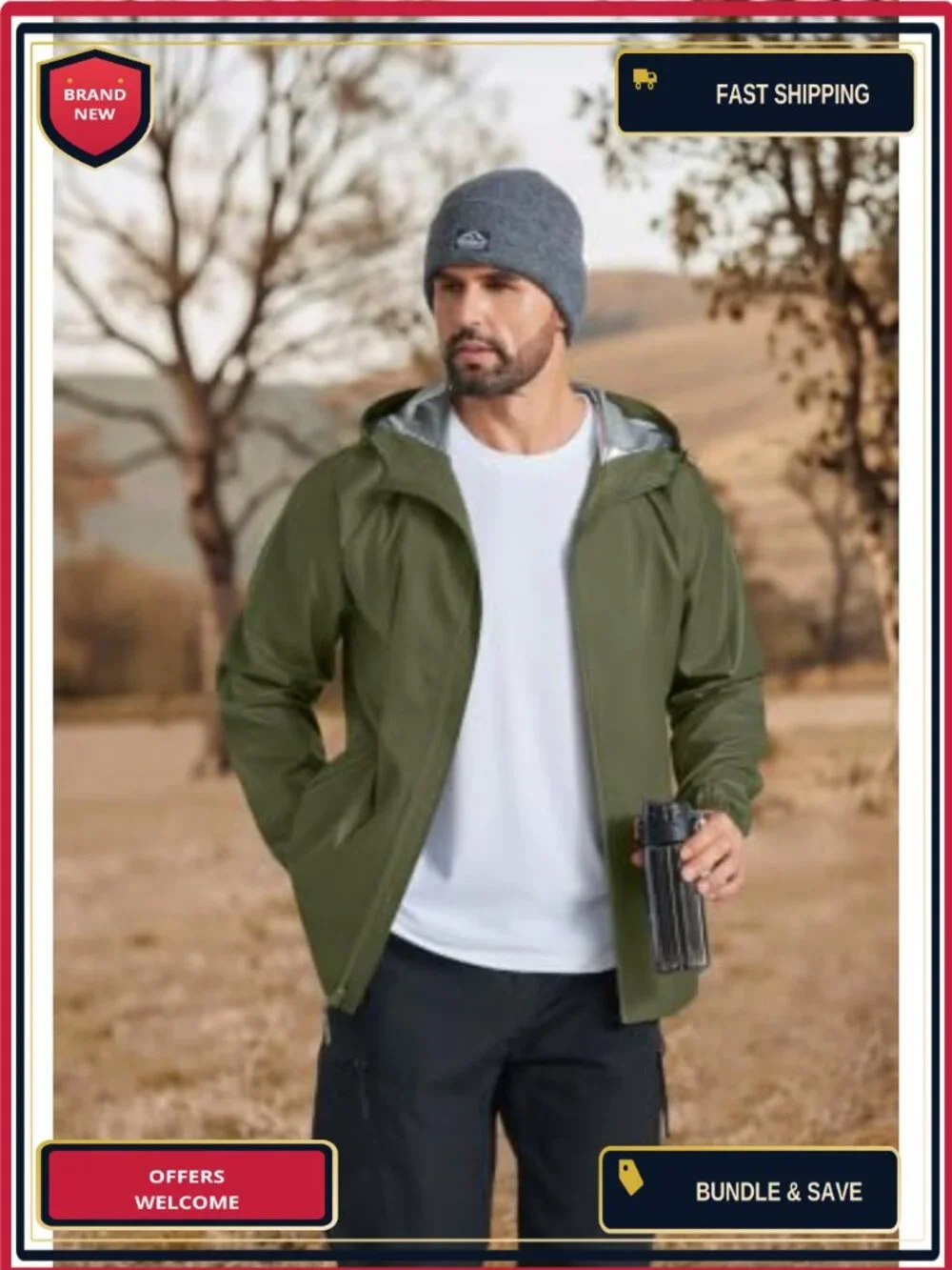 Men's Waterproof Rain Jacket Hooded Packable Windbreaker Lightweight Outdoor